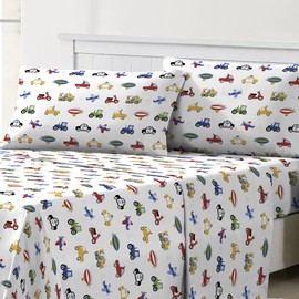 dream FACTORY - Juego de sábanas Ligeras de Microfibra para niños, súper Suaves, fáciles de Lavar, acogedoras, Bolsillo de 10 Pulgadas, tamaño Individual, Azul, Tractores y Coches