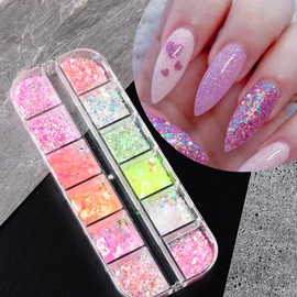 12 Colors Mermaid nail art glitter sequins Iridescent Ice Slag nail glitter flakes Ultra Thin Nail Art Designs 3D holographic nail sequins for Nail Art Supplies Manicure Decoration Accessories