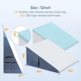 Welzona 12inch Wedge Pillow for Sleep, Updated Bed Wedge, Acid Reflux, Heartburn, GERD, Neck Pain, Cooling Memory Foam Top, Removable Washable Cover Incline Wedge Pillow for Improved Sleep