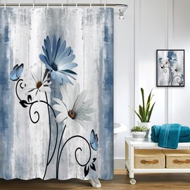 VeiVian Rustic Farmhouse Shower Curtain, Farm Blue Daisy Floral Flowers and Butterfly on Country Wooden Shower Curtain for Bathroom, Turquoise Blue Bathroom Shower Curtains with 6PCS Hooks, 36X70IN