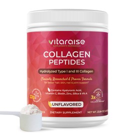 Hydrolyzed Collagen Powder - Type I & III Grass-Fed Collagen for Hair, Skin, Nail, Joints - Unflavored 22g per Serving - 30 Servings - 1.49 lbs - 3X Powerful - Hyaluronic Acid, VIT C, Added Nutrients