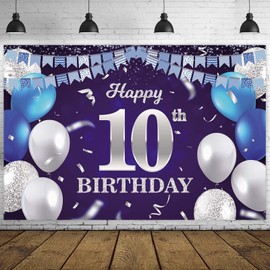Happy 10th Birthday Banner Backdrop Navy Blue Balloons Confetti Stripe Flag Light Spots Cheers to 10 Years Old Theme Decorations Decor for Girls Boys 10th Birthday Party Bday Supplies Glitter Silver