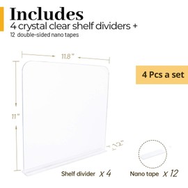 ROUFA 4Pcs Clear Acrylic Shelf Dividers, Adjustable Closet Organizer Fit for Any Thickness of Shelves, Multi-Purpose Wood Shelf Separators for Bedroom, Kitchen, Office, Bathroom, 11.8''x11''