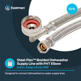 Eastman 10 foot Dishwasher Supply Line, 3/8 Inch Compression x 3/4 Inch FHT Elbow, Braided Stainless Steel Dishwasher Connectors, 41015