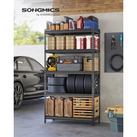 SONGMICS 5-Tier Storage Shelves, Heavy-Duty Garage Shelving, Adjustable Shelving Unit, Steel Shelf, Boltless Assembly, for Garage, Shed, 2,250 lb Load, 18 x 36 x 72 Inches, Ink Black UGLR453B01