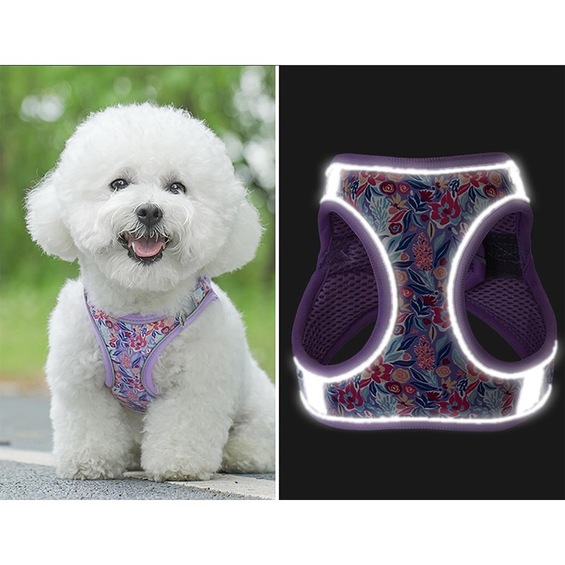 KocaPlye Small Dog Harness Purple Flowers No Pull Reflective Step