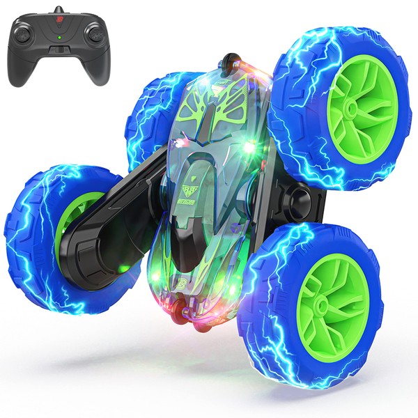 BEZGAR LED Remote Control Cars - 2.4GHz Double Sided Stunt Car, 360° Flips Rotating 4WD RC Car, Indoor & Outdoor Fun Rechargeable Toy Gifts for Boys Kids Girls, TD203 Blue