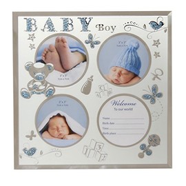 Triple Baby Boy Blue Glitter Motif & Glass Photo Frame 8.5" x 8.5" - Birth Gift