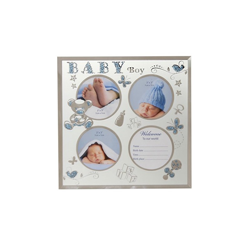 Triple Baby Boy Blue Glitter Motif & Glass Photo Frame