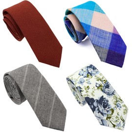 ZENXUS Cotton Skinny Ties for Men, 2.5 inch Slim Casual Neckties, Plaid, Stripe, Floral and Solid Ties Assorted, 4-Pack