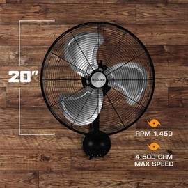 Hurricane Pro High Velocity Oscillating Metal Wall Mount Fan w/ 3 Speeds, Black, 20" - Corded Electric Air Cooling Unit w/ Powerful 4500 CFM Airflow for Home, Garage, Gym, Workshop & Greenhouse