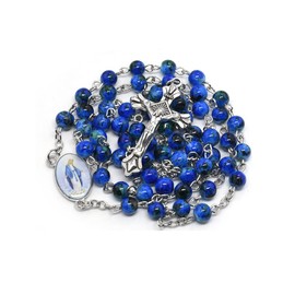 Blue Crystal Beads Rosary Necklace Holy Soil Medal & Cross Crucifix Christian Handmade Religious Rosaries