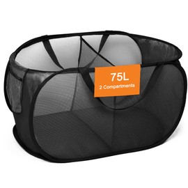 Foldable Laundry Baskets, Collapsible Mesh Laundry Hamper, Durable Pop Up Laundry Basket, 2 Compartments Clothes Hampers for Laundry, Easy to Carry & Sort for Dorm, Home, Kids Room, Travel Black