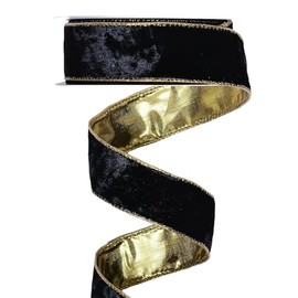 YAMA - Cinta de terciopelo negro con borde dorado con alambre de 1 1/2 pulgadas para árbol de Navidad, envolver regalos, manualidades, corona, decoración del hogar, 5 yardas