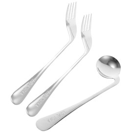 LALAFINA 1 juego de utensilios adaptables, tenedor y cuchara en ángulo, acero inoxidable, para ancianos, diestros, antiagitaciones, utensilios para comer autoalimentación, mango flexible, cubiertos