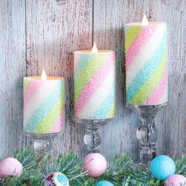 Baquler 3 Pcs Spring Pillar Candles Flameless LED Chinoiserie Candles Battery Operated Pastel Candy Blue and White Pressed Floral Candlestick 6 Inch for Wedding Home Table Decoration (Pastel Candy)