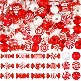 Misdary 200 Pcs Christmas Peppermint Candy Beads Red and White Wooden Beads Peppermint Candy Shaped Round Craft Beads Christmas Wooden Beads for Crafts DIY Jewelry Making Xmas Home Decor
