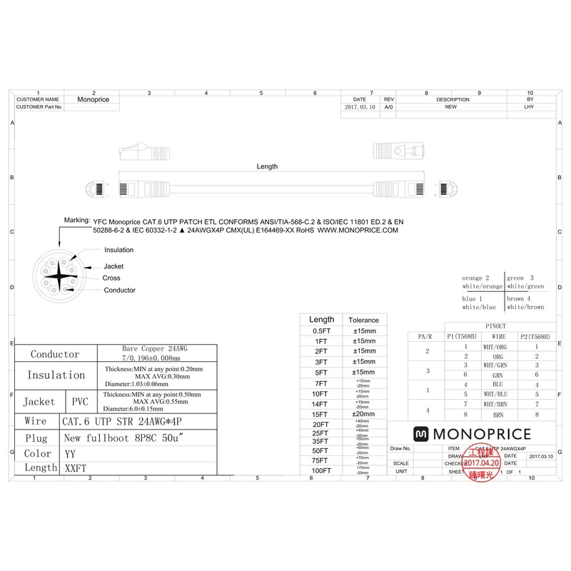 Monoprice 103419 Cat6 Ethernet Patch Cable - Network Internet Cord