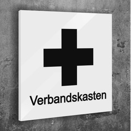 Schild Türschild Erste Hilfe Kreuz Verbandskasten Weiß Matt Selbstklebend UV Druck 12 x 12cm - 3mm Aluverbund - Made in Germany Art.Nr. W 2063