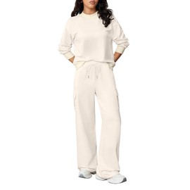 Aleumdr Two Piece Outfits Set for Women Fall Lounge Set Long Sleeve Sweatshirt with Cargo Sweatpants Wide Leg Tracksuit Beige Small
