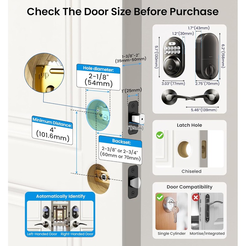 Veise Keyless Entry Door Lock with 2 Lever Handles -