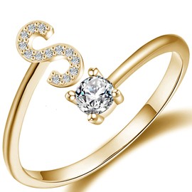 Haoze Initial Letter Ring for Women Rose Gold Stackable Alphabet Rings with Initial Adjustable Crystal Inlaid Initial Rings(S Golds)