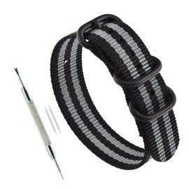 MZBUTIQ 20mm Black/grey Thick Nylon Watch Band Strap One-piece Replacement Military for Men 3 Rings