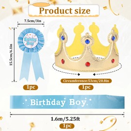 Xthrotsenk Birthday Crown Party Set - Prince Crown Hat, Sash, Button Pin Accessory Costume Headwear & Photo Props for Boys' Theme Party Decoration(Light Blue)
