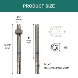 HROMIGRY 1/2" x 5-1/2" Concrete Anchors (4 Pack) 1/2 inch Wedge Anchors Bolts Stainless Steel
