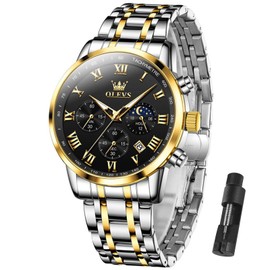 OLEVS Mens Watches Gold Sliver Stainless Steel Watches for Men Calendar Watches Men Black Face Watches Waterproof Men's Watches Analog Quartz Watches for Men Roman Numerals Watches Luxury Business
