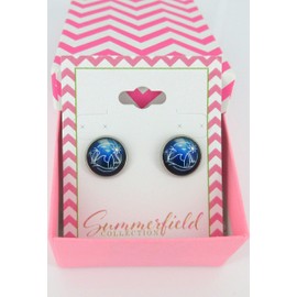 Summerfield Collection Stainless Steel Blue Surf Scene Ocean Waves Palm Trees Sun Print Glass Stud Earrings 12mm