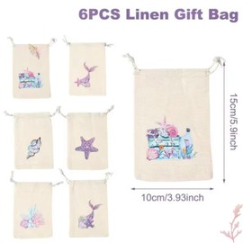 Mermaid Gift Party Favor Bags| Linen Bags Set of 6| Little Mermaid Party supplies Decorations for treats.