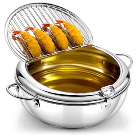 Reallnaive 4.4 Qt (4.2 L) Deep Fryer Pot 304 Stainless Steel Tempura Frying Pot with Lid and Oil Drain Rack Japanese Deep Fryer Pan with Temperature Control for Kitchen French Fries, Chicken