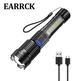 EARRCK Strong Flashlight/USB Rechargeable,Emergency Lighting White Flashlight Red/Blue Alarm Lights/Waterproof Rechargeable Flashlight/Camping Gadgets 2024/Fishing Garden Lighting Night security Road Lighting Garage Lighting