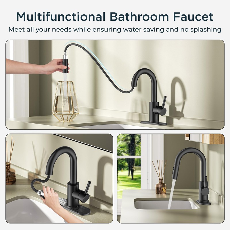 FORIOUS Matte Black Bathroom Faucet with Pull Down Sprayer, Single