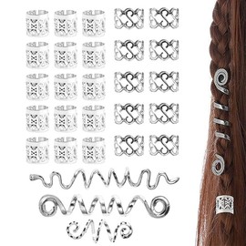 SIRLOMU Pack of 28 dreadlocks jewellery, adjustable metal cuffs, hair spiral clips, dreadlocks beads, braiding hair jewellery, suitable for men and women (silver)