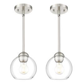 Emak 2 Pack Brushed Nickel Pendant Light Fixtures, 7 Inch Globe Pendant Lights with Clear Glass Shade, 1-Light Hanging Lights for Kitchen Island, Bathroom, Dining Room, PL119-BN-2PK