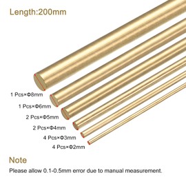 sourcing map Brass Rods Round Solid Brass Stock Pin 2mm-8mm Assorted Diameter for 200mm Length Brass Rod for Drift Punches Various Shaft DIY Craft Model Plane Ship Cars(Pack of 14)