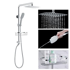 SonTiy 12-Inch Rain Shower Head System with Shower Shelf, Handheld Shower Jet Spray with Height Adjustable Holder, Brass Diverter, Dual Shower Combo,Chrome