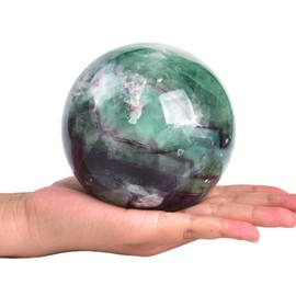 JIC Gem Large Crystal Ball Feather Fluorite Healing Crystals Sphere with Wooden Stand Meditation Home Decor 4 inch (100mm)