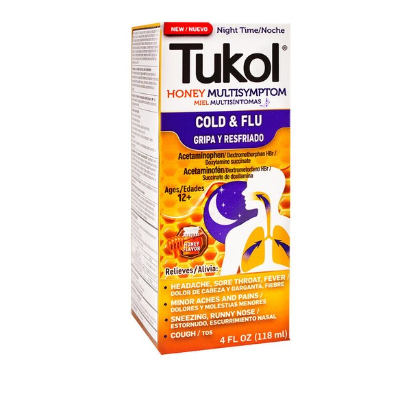 Tukol Honey Multi Symptom Nighttime Cold Syrup. Cough, Flu & Pain Relief. 4fl.oz