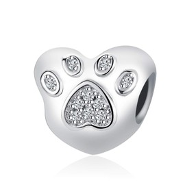 QeenseKc Puppy Dog Paw Print Charms I Love Pet Clear CZ Heart Beads fit European Bracelet Necklace