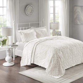 MISC Oversized White Chenille Bedspread Full/Queen 102x118 Vintage Medallion Extra Long Bedding to The Floor Tufted Old Fashioned Traditional Antique Classic Cotton, 3 Piece
