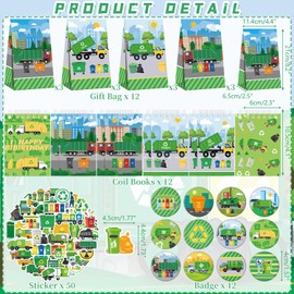 Obussgar Trash Truck Party Favour Supplies Including Milk Tea Gift Bags, Stickers, Badges, Bracelets for Garbage Truck Birthday Party