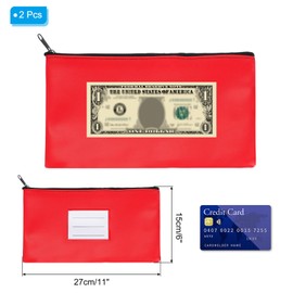 PATIKIL 11x6 Money Bank Deposit Bag with Zipper, 2 Pcs Leatherette Coin Check Wallet Pen Pouch Bag with Clear Window for Office Travel, Dark Red