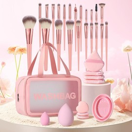Summer All in One Makeup Tool Set, 22pcs Makeup Brush & 4 Triangular Powder Puff & 2 Mixed Sizes Makeup Sponges & 3 Finger Powder Puff & 1 Brush Cleaning Bowel & 1 Storage Bag, Beauty Products, Makeup Products, Christmas Gift