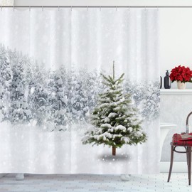 Newhomestyle Christmas Snow Tree Shower Curtains, Natural Winter Forest Snowflake Snowfall Bathroom Decor with 12 Hooks, Xmas Durable Waterproof Shower Curtains 180X 180 cm
