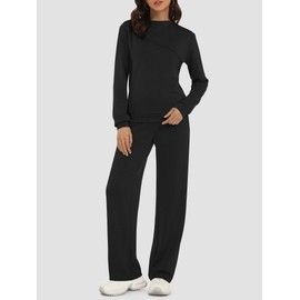 Casly Lamiit Lounge Sets for Women 2 Piece Casual Travel Sweat Suits Long Sleeve Mock Neck Tops Drawstring Pants Matching Airport Outfits Black M