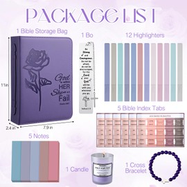 Affrolling 18 Pcs Bible Study Journaling Kit for Women Including Leather Book Cover, Bookmark, Bracelet, Sticky Note, Bible Index Label, Aromatherapy for Christian Catholic Gifts(Purple)