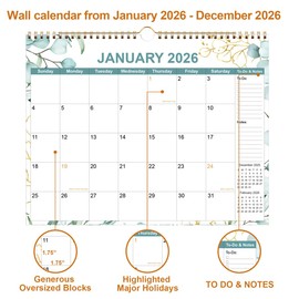 2026 Calendar - Calendar 2026 from January 2026 - December 2026, 12 Months Calendar with Premium Paper, Twin-Wire Binding & Hanging Hook, 12" x 14.5", Green Leaf
